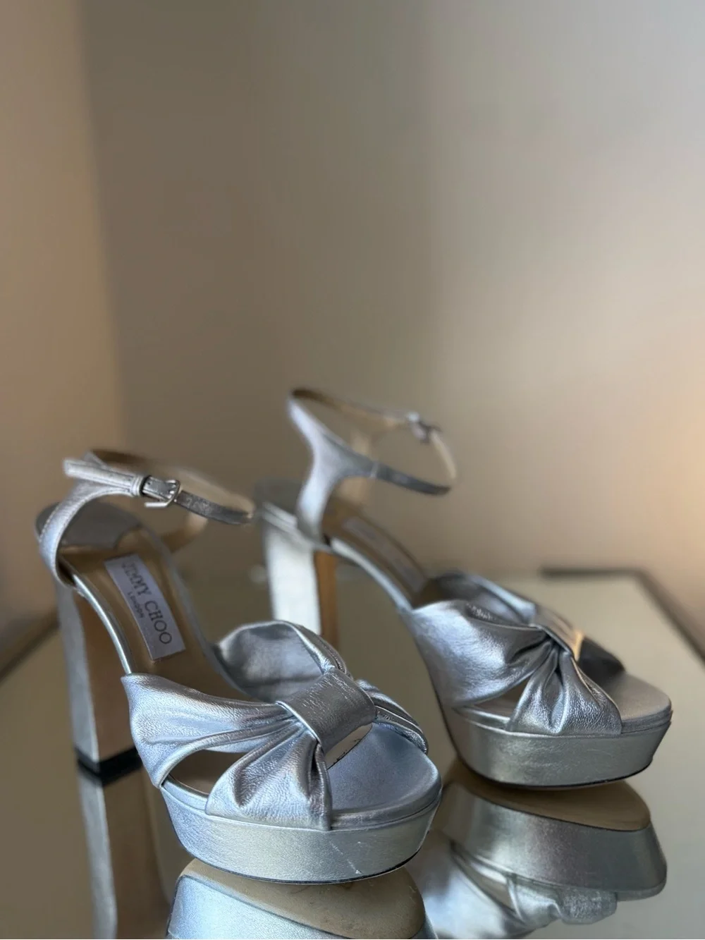 Jimmy CHOO Heloise 120 Silver Metallic Nappa Leather Sandals $1,095 39.5